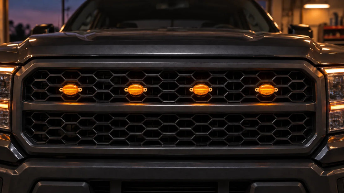 Four small amber oval grille lamps arranged across a dark pickup grille in a garage.