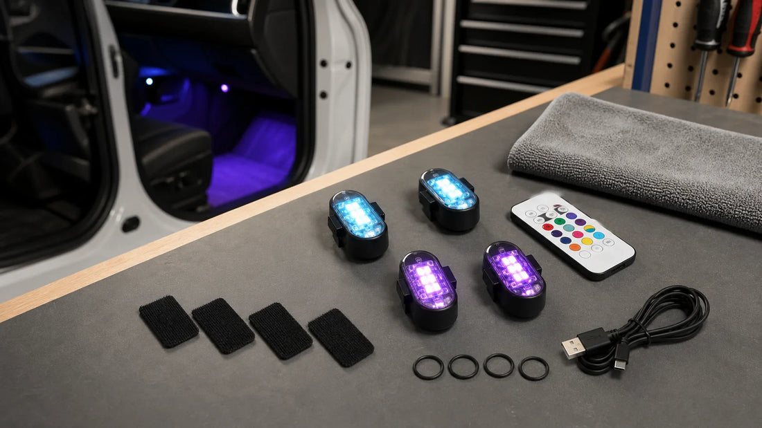 Rechargeable footwell light install prep with mounting pads, rubber rings, remote, and charging cable on a garage workbench