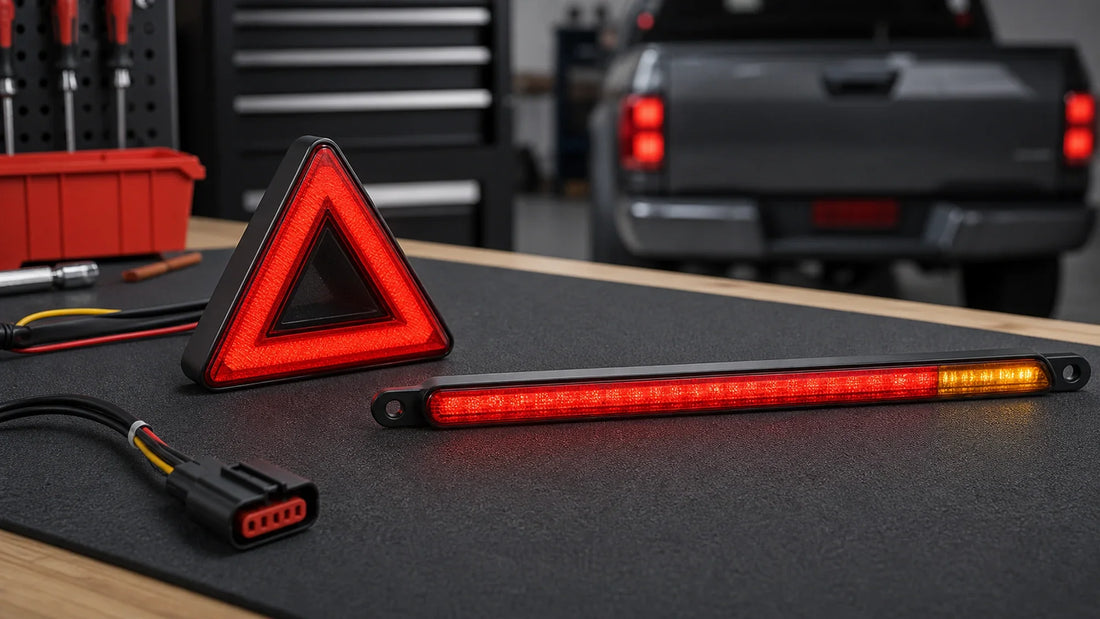 Auxiliary brake light and rear light bar parts on a clean garage workbench