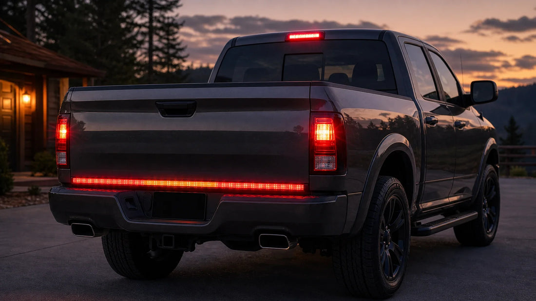 Pickup rear lights with a high mounted brake lamp and a tailgate light bar at dusk