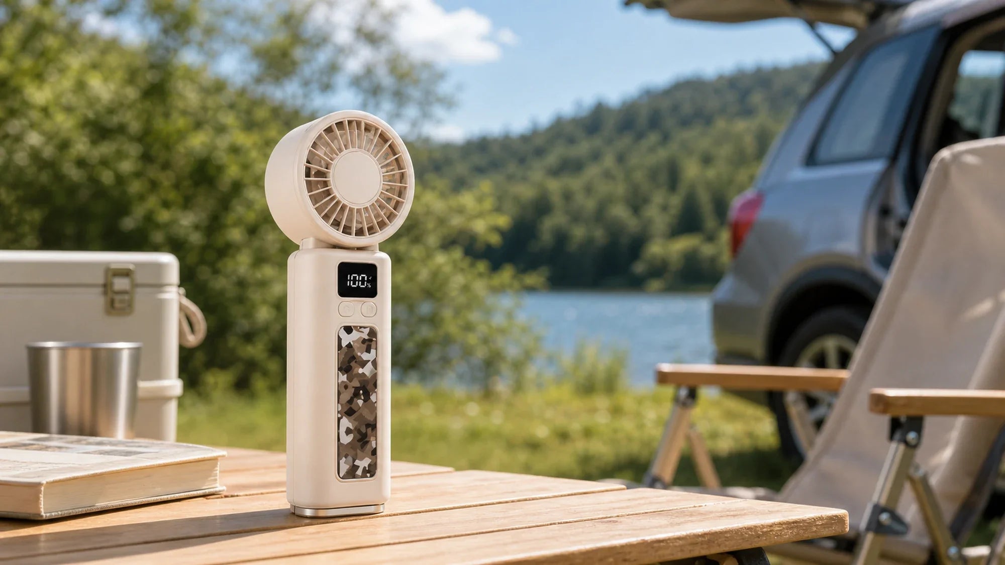 Beige folding handheld fan on an outdoor table for summer road trips, camping, and hot parked-car waits
