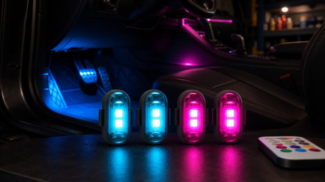 Rechargeable oval RGB LED lights glowing blue and pink beside a parked car footwell for portable accent lighting.