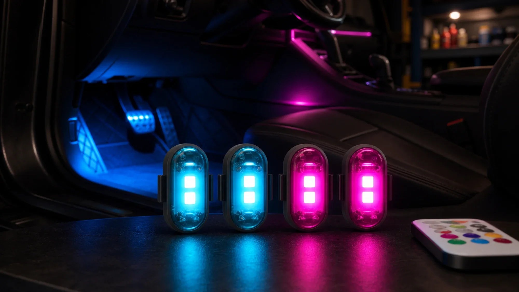 Rechargeable oval RGB LED lights glowing blue and pink beside a parked car footwell for portable accent lighting.