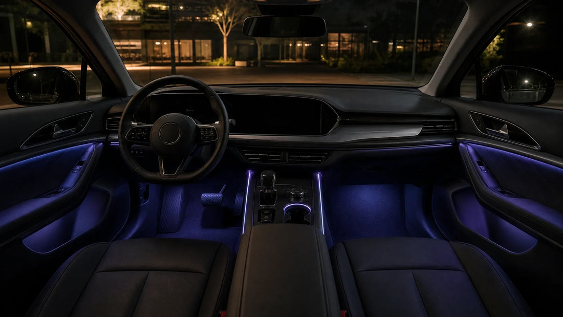Soft blue and purple ambient lighting runs through the footwells, doors, center console, and cupholders of a parked car at night