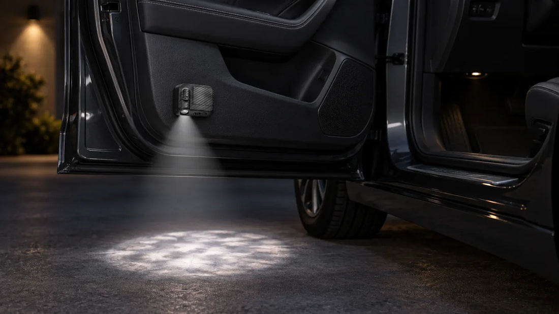Compact projector on a flat inner door panel casting a soft welcome patch onto pavement.