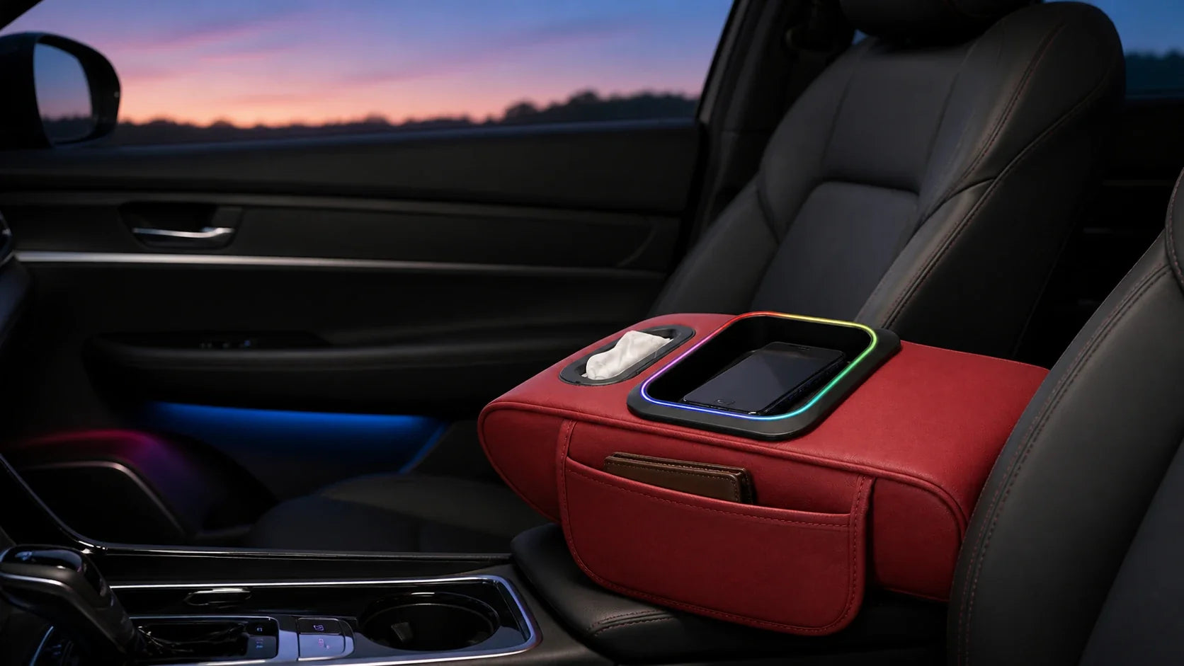 Center console armrest organizer adding reachable storage and a soft LED glow inside a car