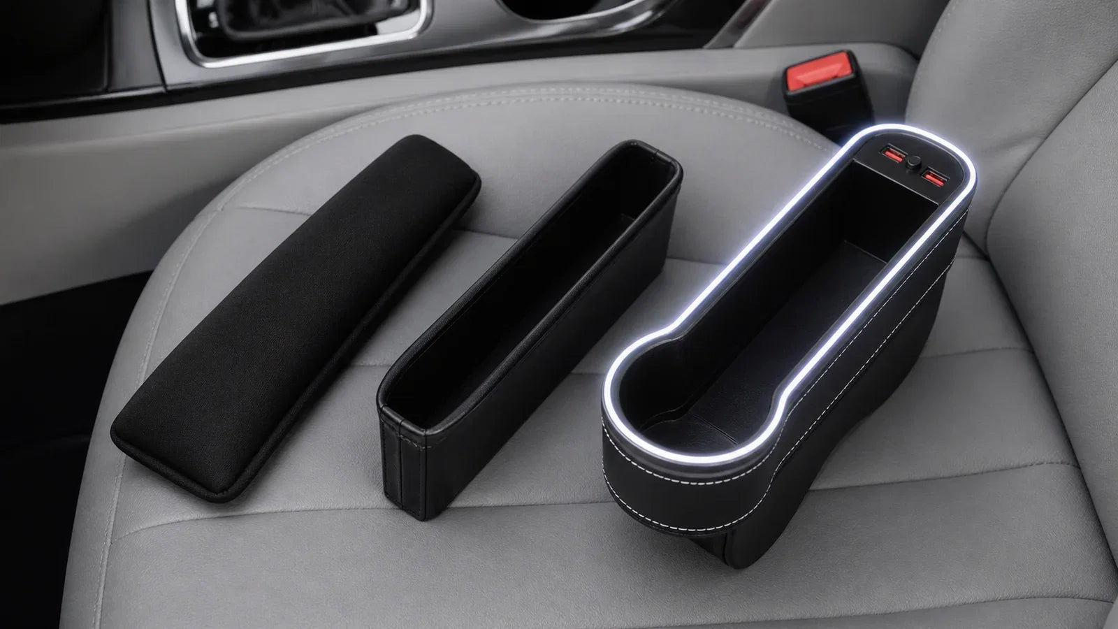 Soft gap blocker, slim storage pocket, and LED seat-gap organizer compared on a car seat