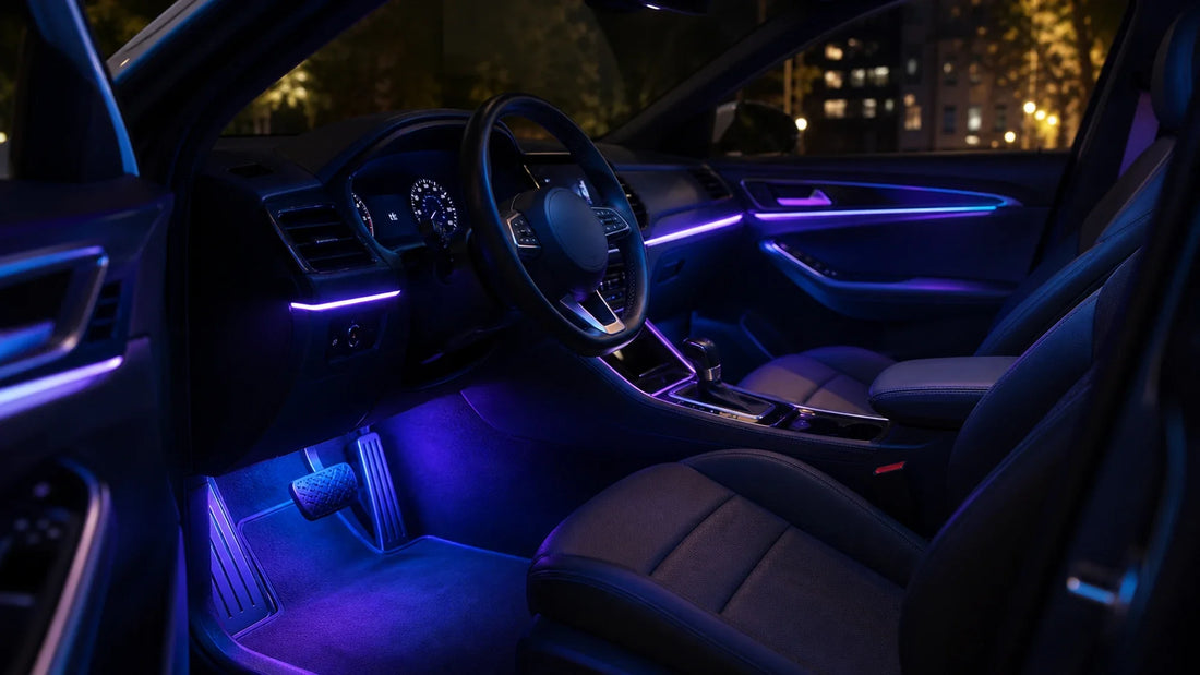 Modern car cabin with soft blue and violet ambient lighting across the footwells, dashboard, and door panels at night.
