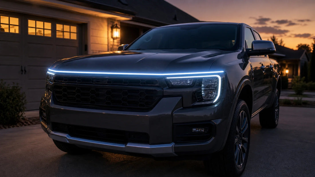 Clean hood LED light strip glow across the front of a parked pickup at dusk
