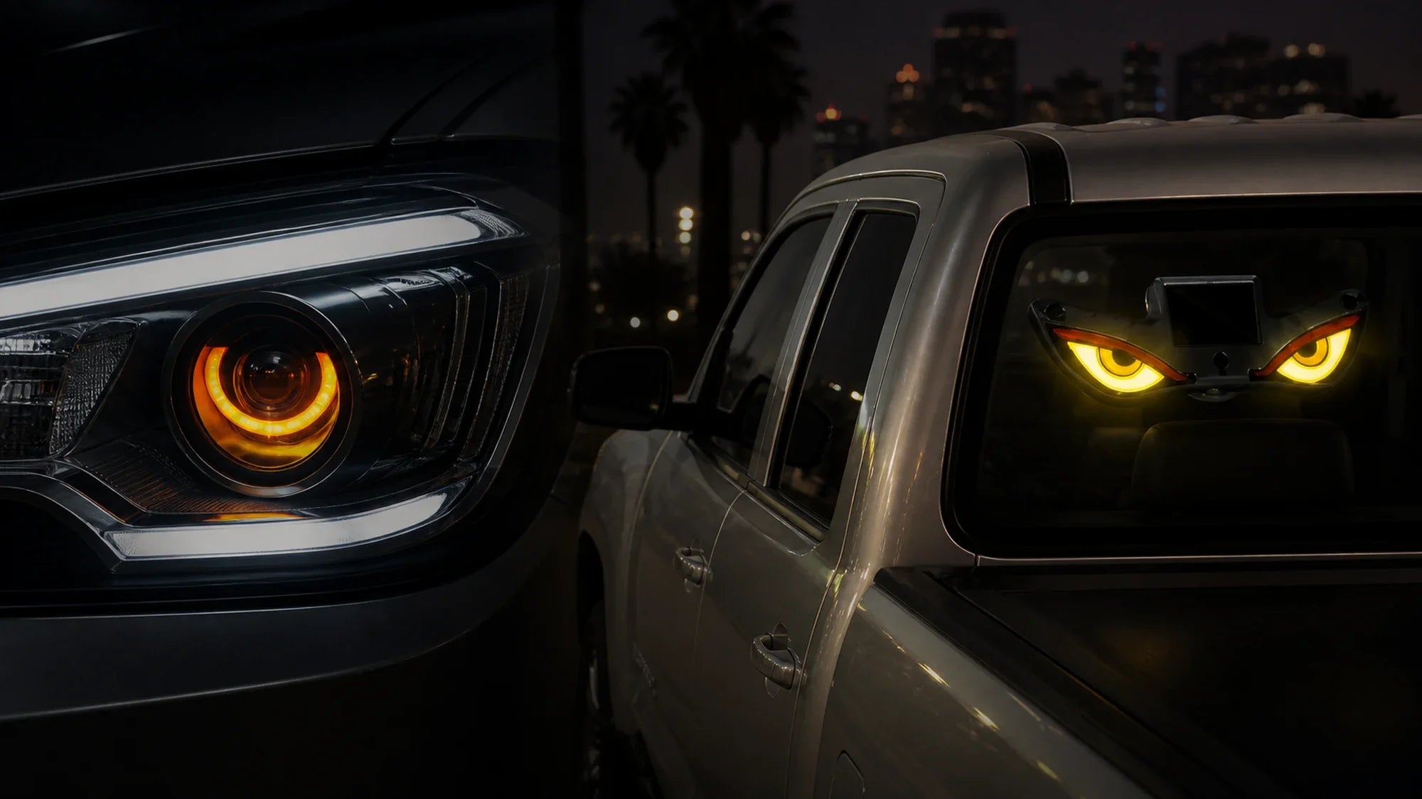 Demon-eye headlight projector compared with a solar Devil Eyes light mounted inside pickup rear glass