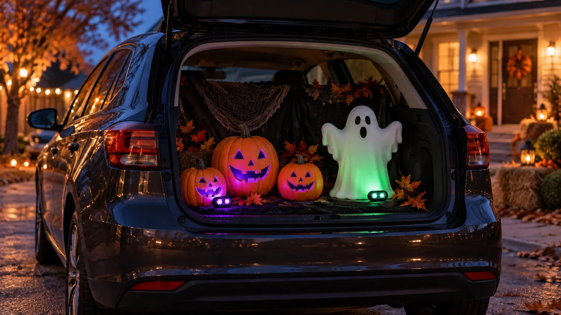 Pumpkin and ghost decorations in a parked car trunk with purple and green accent lighting