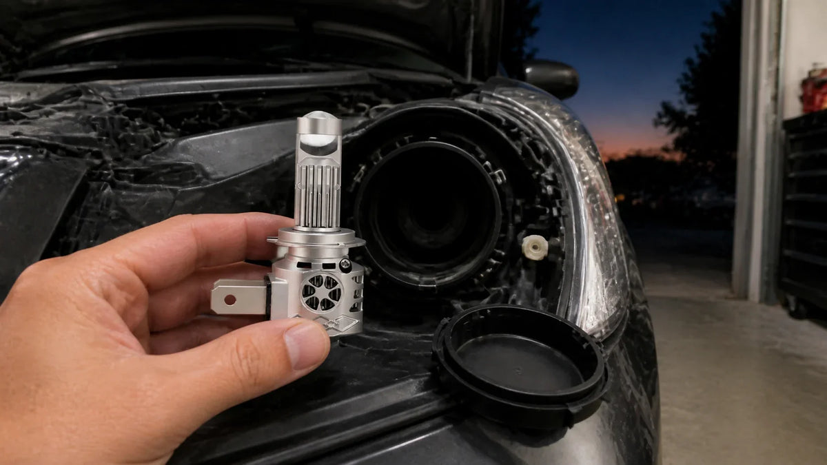 LED headlight bulb held beside an open headlight housing for checking connector and rear clearance