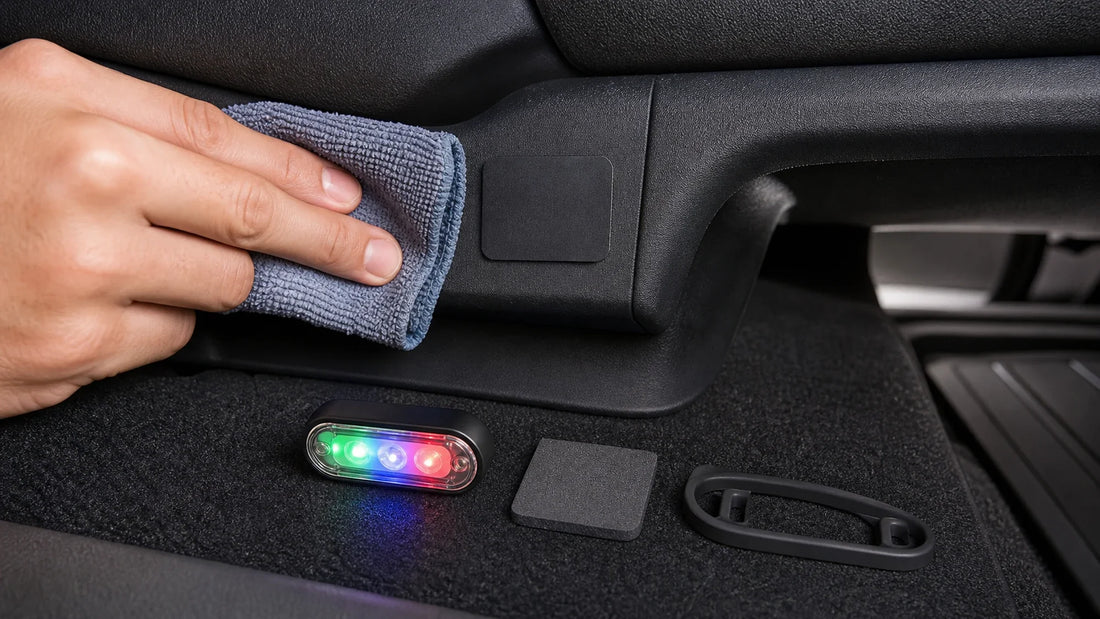 Cleaning an interior car surface before mounting RGB accent lights with adhesive pads
