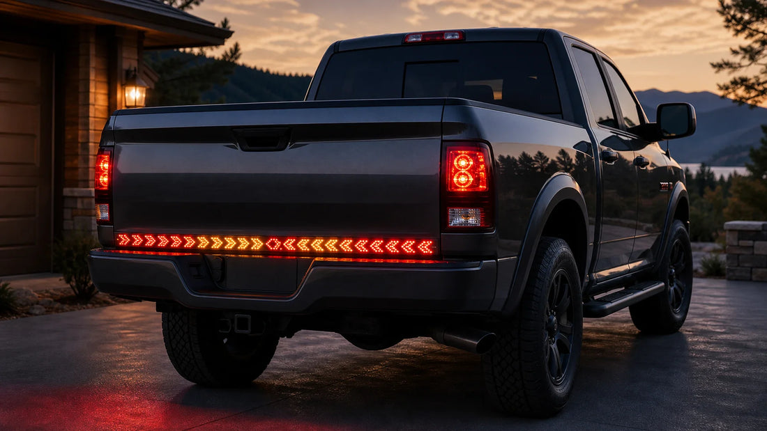 Pickup tailgate light bar with red and amber fishbone arrow LEDs on a parked truck at dusk