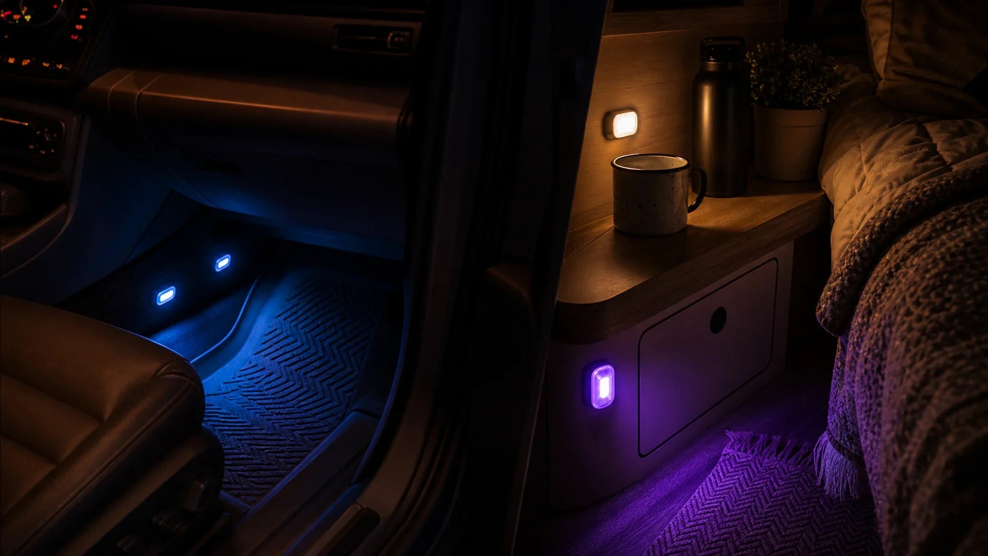 Rechargeable night lights adding soft glow inside a parked car cabin and a compact travel sleeping area