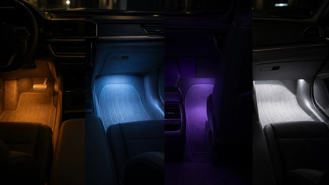 Four car footwell ambient lighting color moods in amber, ice blue, purple, and soft white