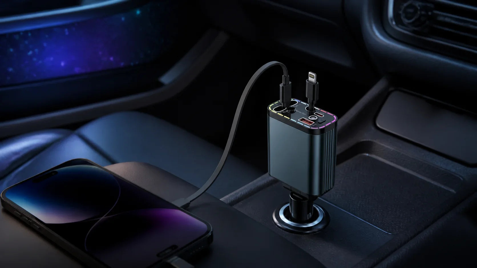 Retractable car charger plugged into a vehicle console with one cable extended and a subtle starry cabin glow