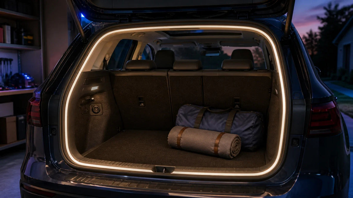 Warm white trunk LED strip installed around an open SUV cargo area near a rear power socket