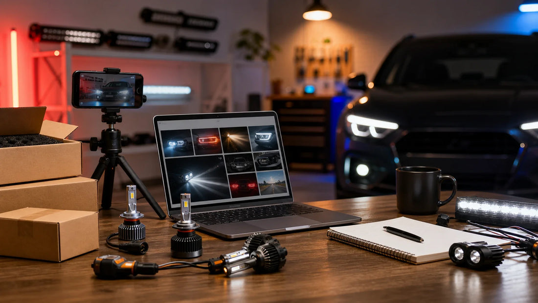Creator desk with car lighting content, product packages, and a phone setup for affiliate promotion planning