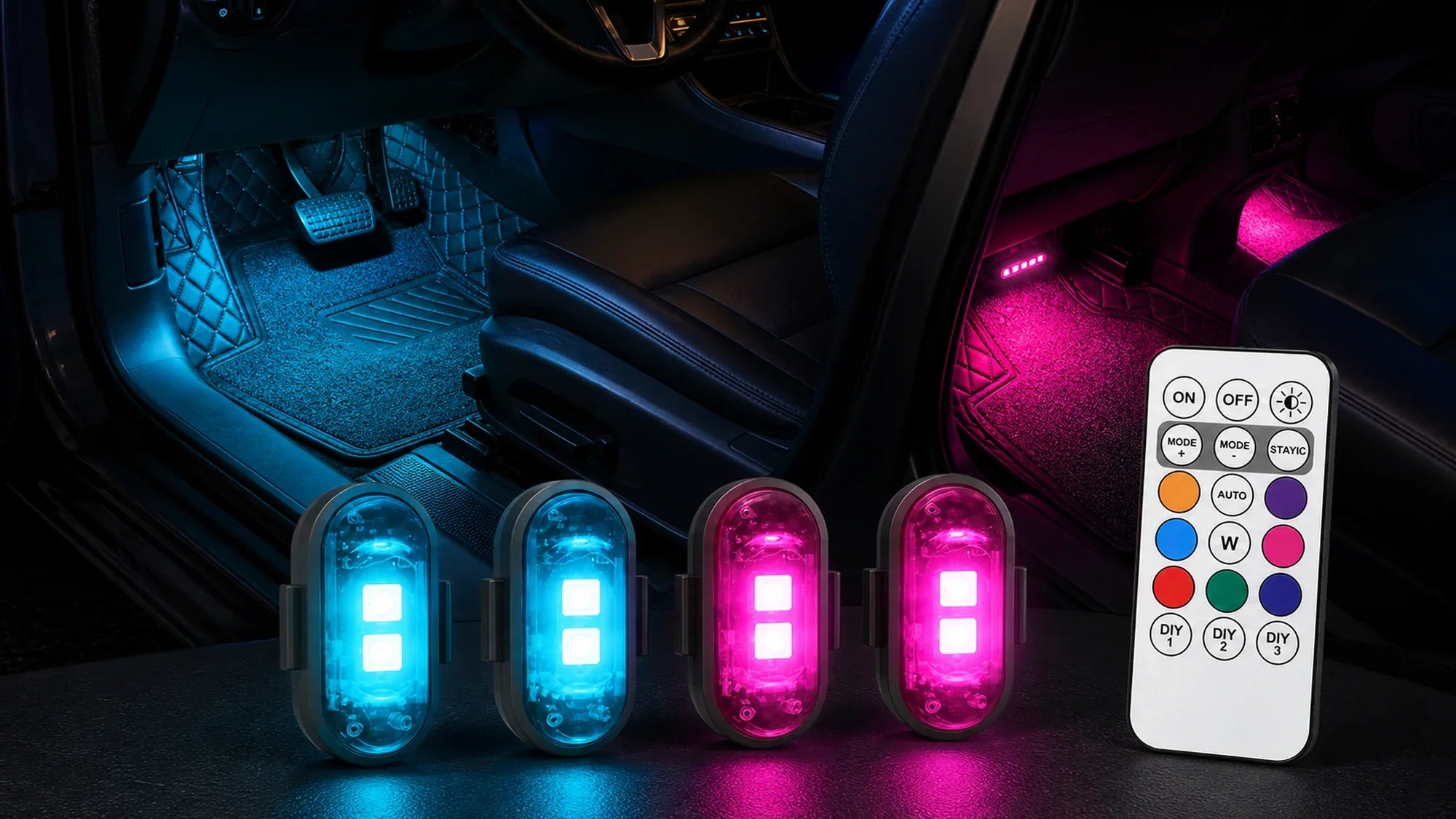 Rechargeable wireless RGB footwell lights and remote adding blue and pink accent lighting inside a parked car cabin.