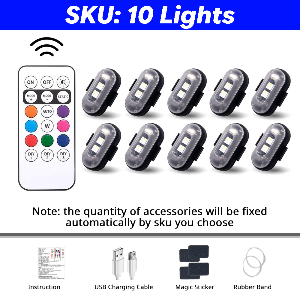 10-count RGB underglow light pack covers larger car, truck, or SUV accent layouts with remote-controlled color effects.