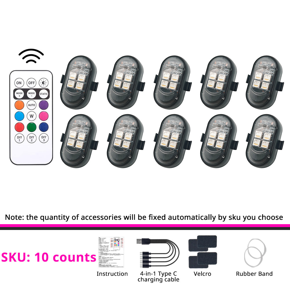 10-piece wireless RGB strobe light set for flexible multi-scene lighting around vehicles, bikes, scooters, and displays.