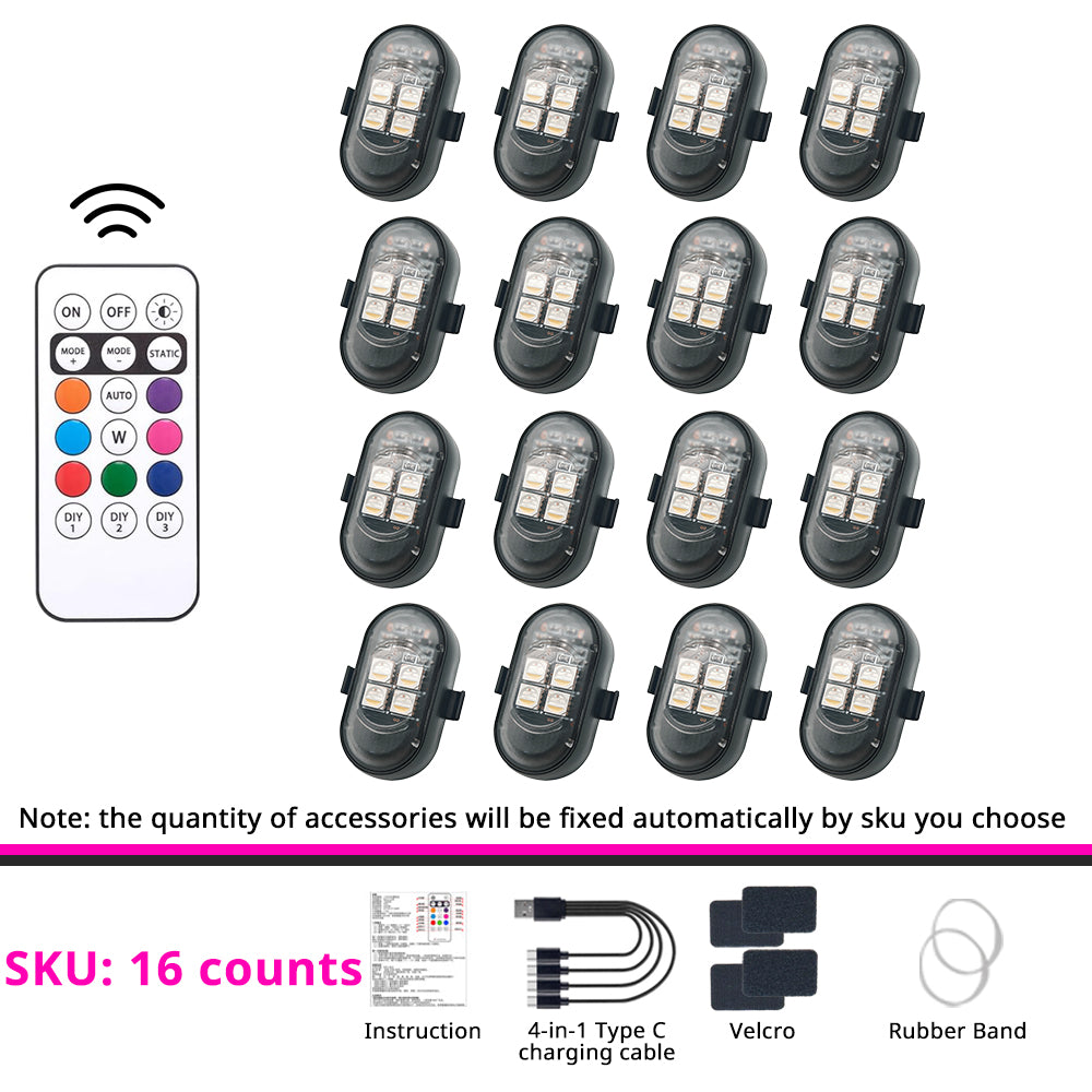 16-piece wireless RGB strobe light kit for the fullest multi-point accent lighting layout in this product series.