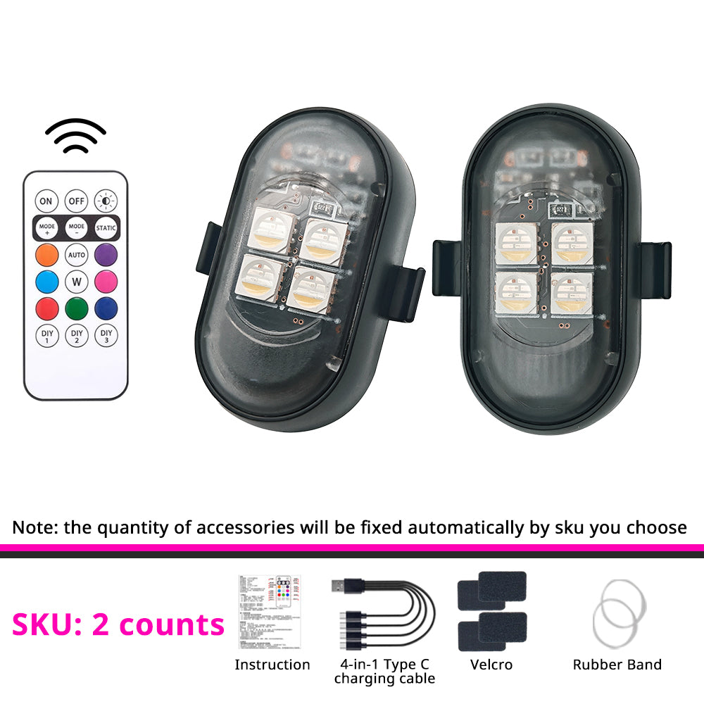 2-piece wireless RGB strobe light set with remote, USB charging cable, Velcro pads, and rubber bands.