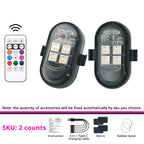 2-piece wireless RGB strobe light set with remote, USB charging cable, Velcro pads, and rubber bands.