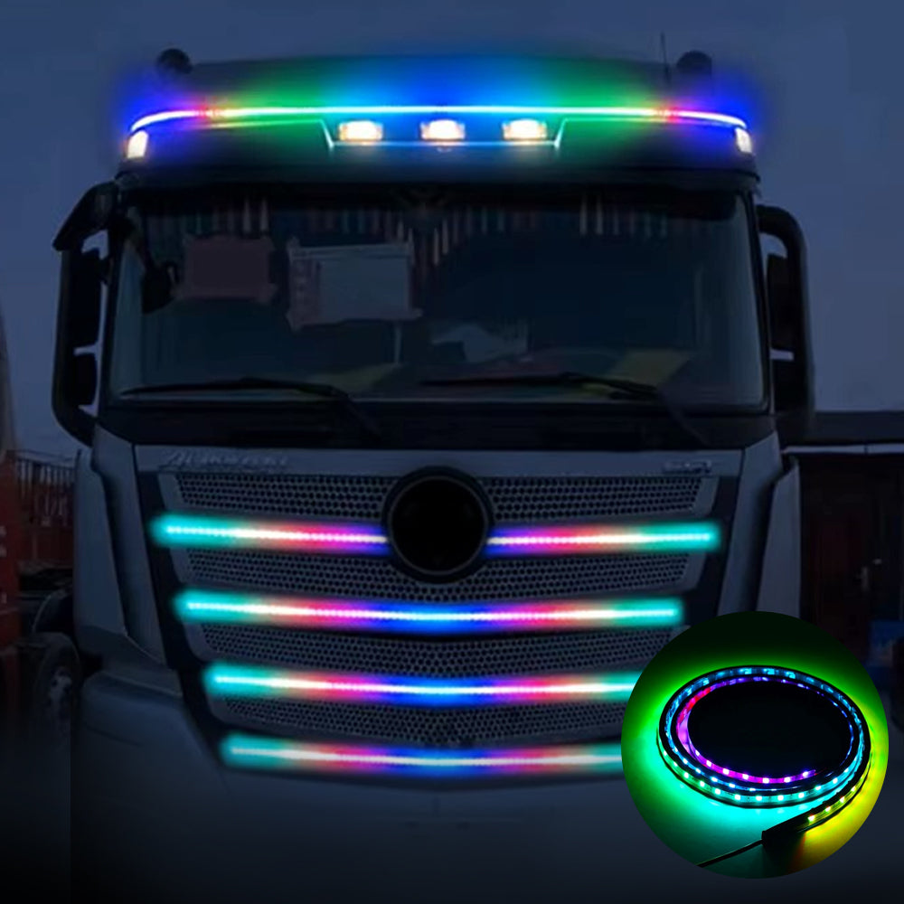 24V colorful LED hood light strip installed on a truck front end for bright streamer-style decorative glow.