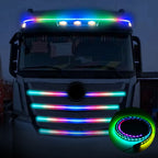 24V colorful LED hood light strip installed on a truck front end for bright streamer-style decorative glow.