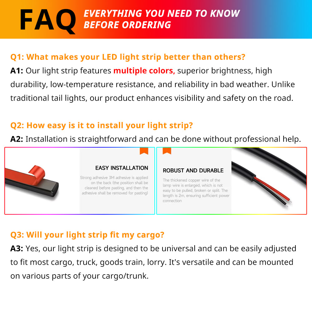 FAQ guide for 24V LED hood light strips covering fitment, installation, wiring, and length selection before ordering.