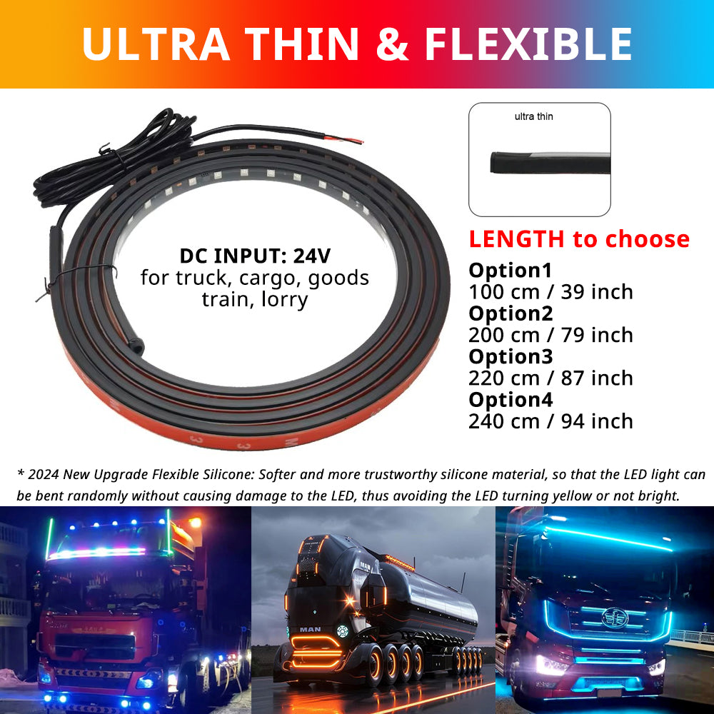 24V LED hood strip length options from 39-inch to 94-inch for truck, cargo, goods train, and lorry front styling.