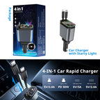 4-in-1 car rapid charger port diagram with 66W output, USB-A, Type-C, and retractable cable charging options.