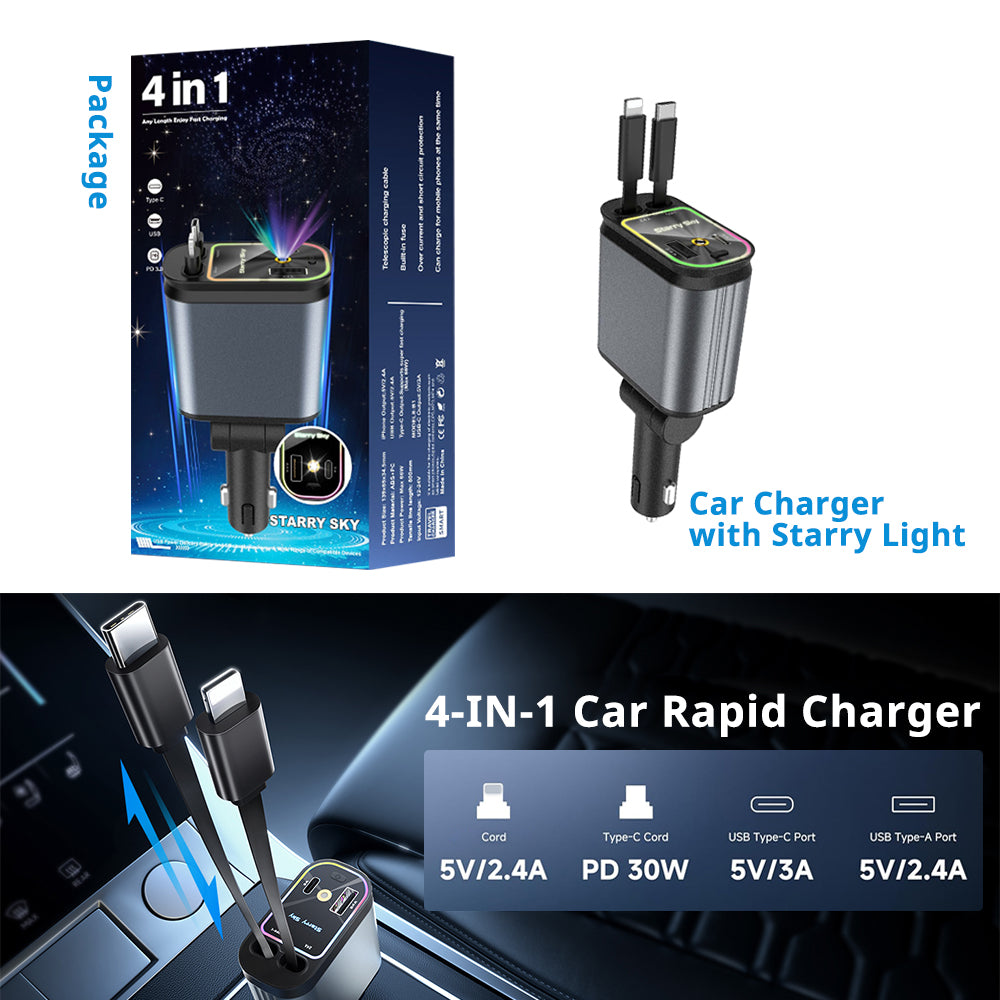 4-in-1 car rapid charger port diagram with 66W output, USB-A, Type-C, and retractable cable charging options.