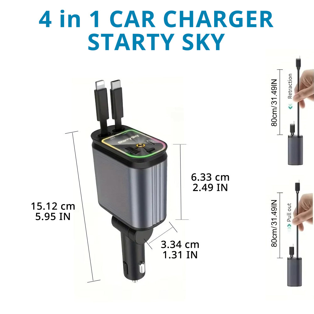 4-in-1 retractable car charger with compact 5.95-inch body, USB ports, and built-in Type-C cable layout.