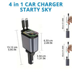 4-in-1 retractable car charger with compact 5.95-inch body, USB ports, and built-in Type-C cable layout.