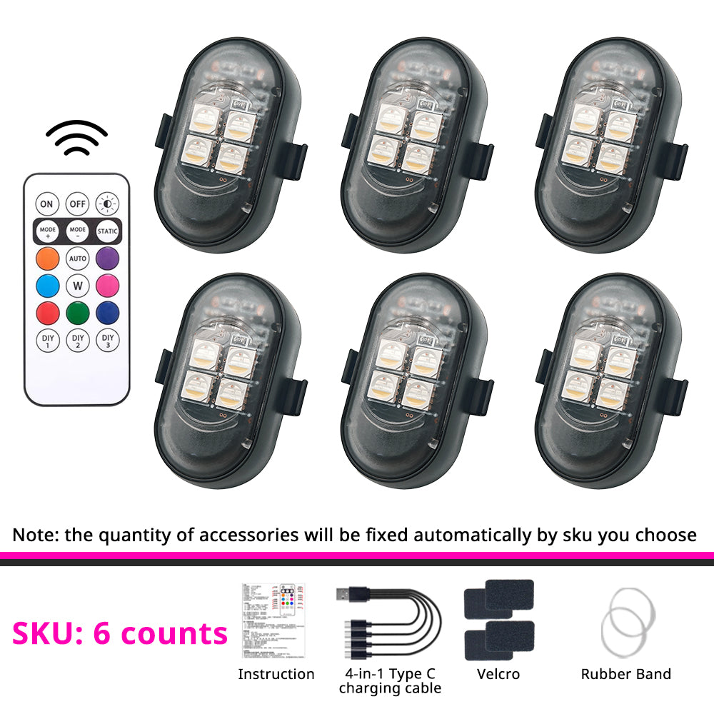 6-piece wireless RGB strobe light set for broader car interior, bike, scooter, or display lighting layouts.