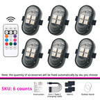 6-piece wireless RGB strobe light set for broader car interior, bike, scooter, or display lighting layouts.