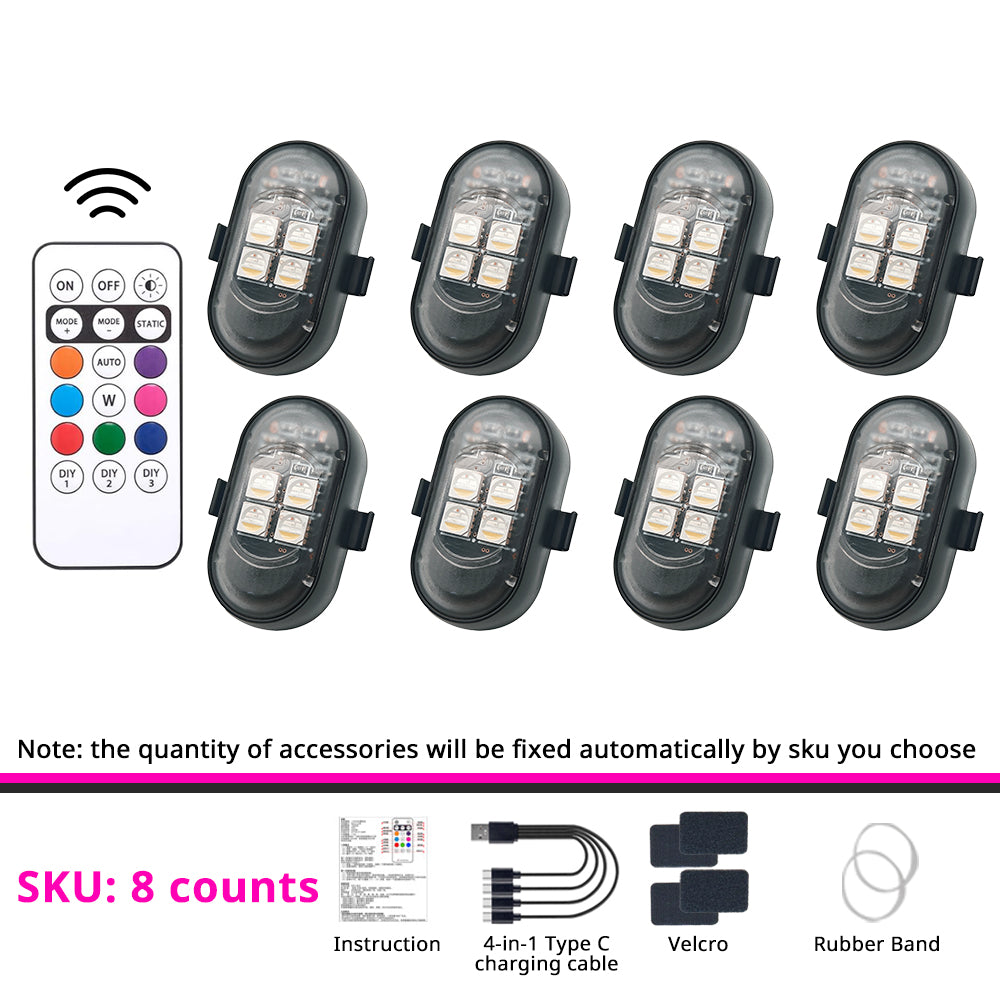 8-piece wireless RGB strobe light kit with remote control for larger multi-point accent lighting setups.