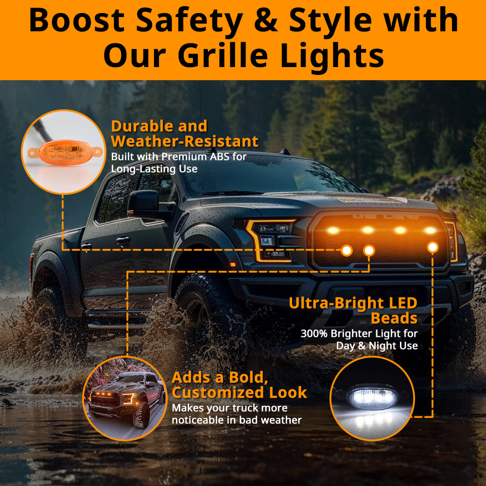 Amber LED Lights Front Grille Raptor Lamps, Cars Grid Decorative with Wiring Harness Exterior Accessories, Compatible with 2004-2019 ford F150 F250 F350 2013-2018 Ram 1500 Raptor Style Aftermarket, Car Essential Product Goodies Custom Lighting