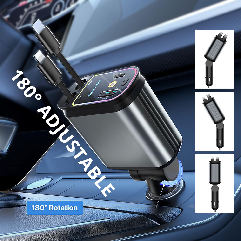 Retractable car charger rotates 180 degrees so you can angle the ports and cables for easier access in your cabin.