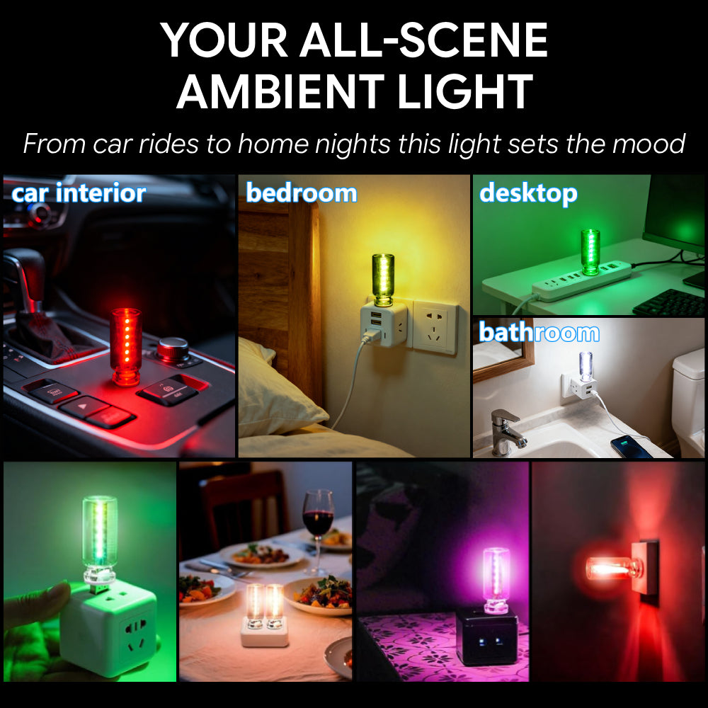 RGB USB ambient light adds mood lighting to car interiors, desks, bedrooms, bathrooms, and small display spaces.