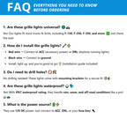 FAQ guide for amber truck grille lights covering universal fit, wiring, drilling, and waterproof use before installation.
