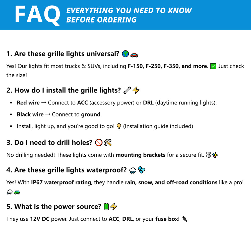 FAQ guide for amber truck grille lights covering universal fit, wiring, drilling, and waterproof use before installation.