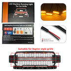 Amber grille light package overview with wiring accessories and example fitment for Raptor-style truck grille layouts.