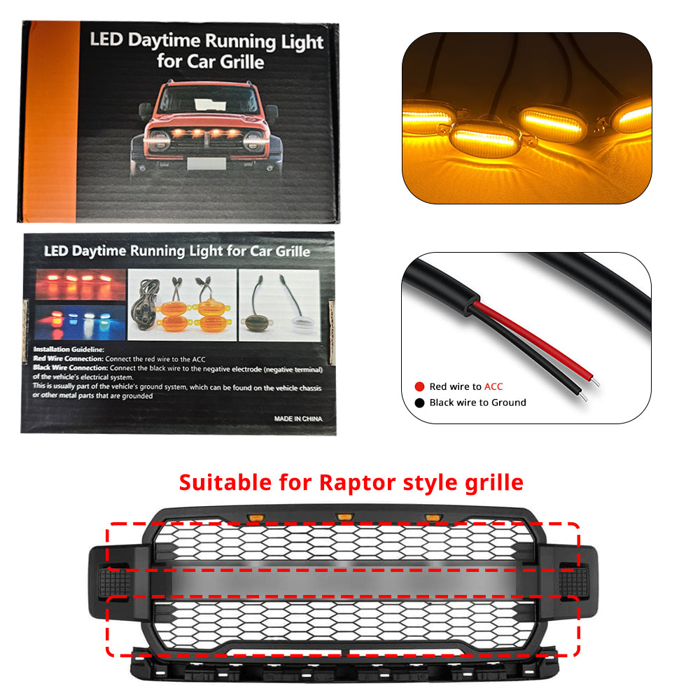 Amber grille light package overview with wiring accessories and example fitment for Raptor-style truck grille layouts.