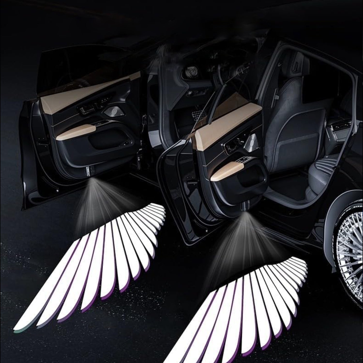 Angel wing puddle lights creating a dramatic door-open welcome effect beside the car at night.