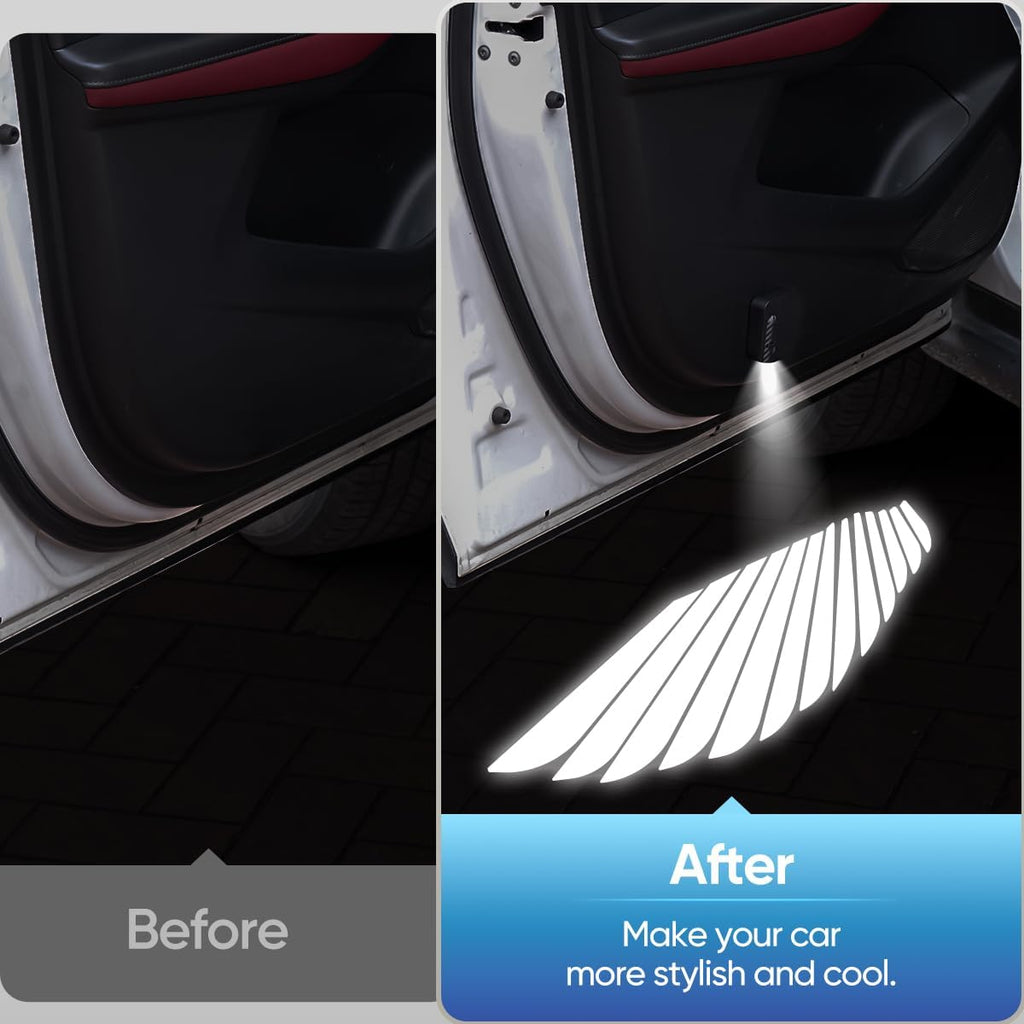 Angel wing car door projector creating a bright welcome light on the ground when the door opens at night.
