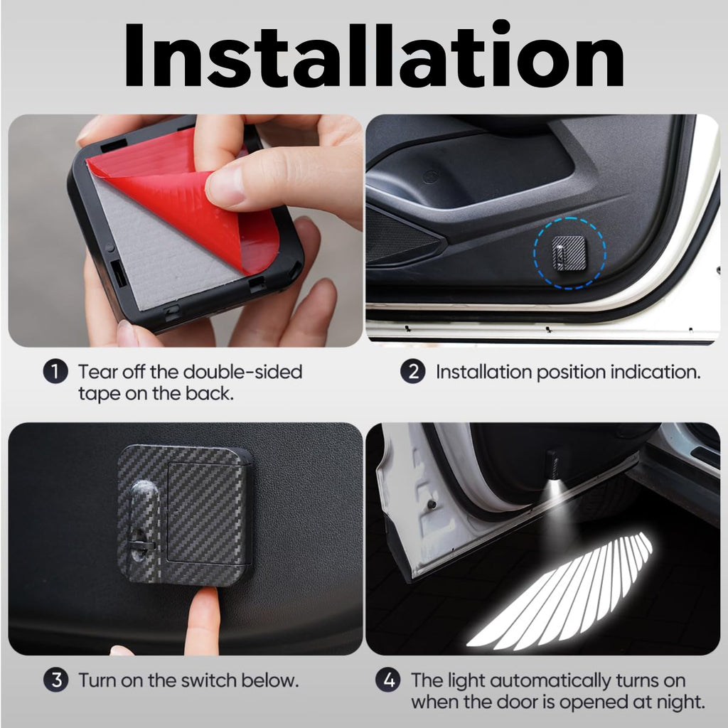 Installation steps for wireless angel wing puddle lights using adhesive mounting and door-open alignment.